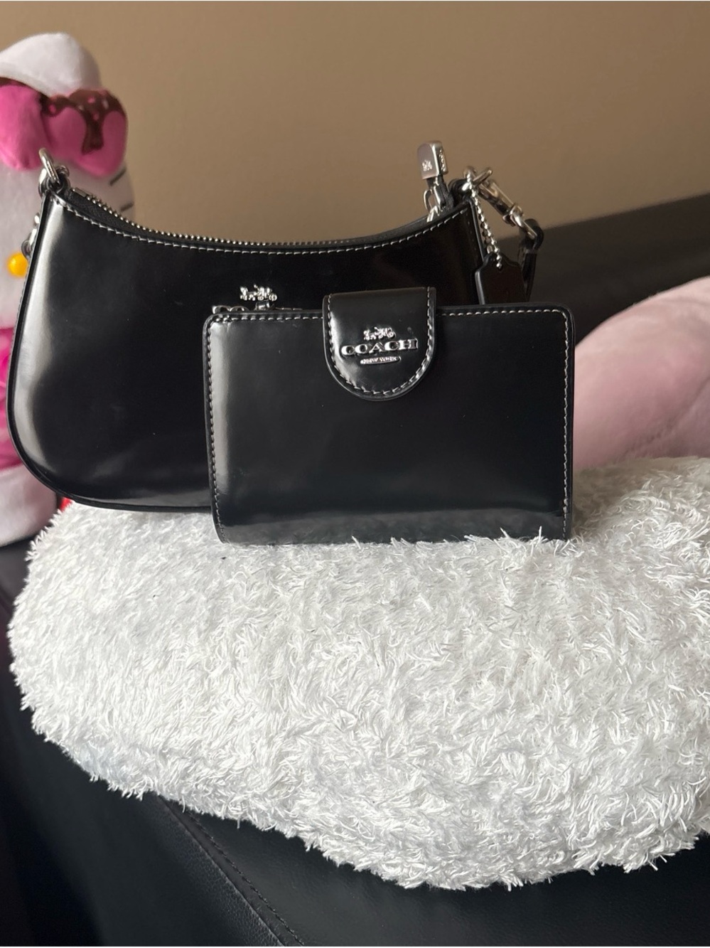 Coach Black Patent Mini Shoulder Bag with Matching Card Case Set